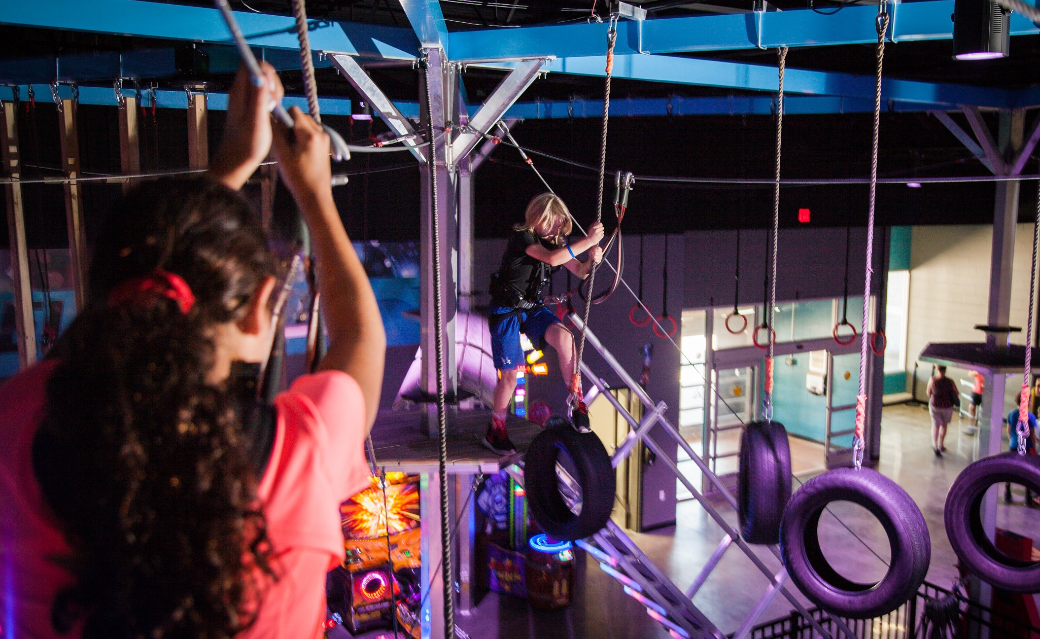 Test your agility on the high ropes ninja course at Amp Up Action Park in St. Louis