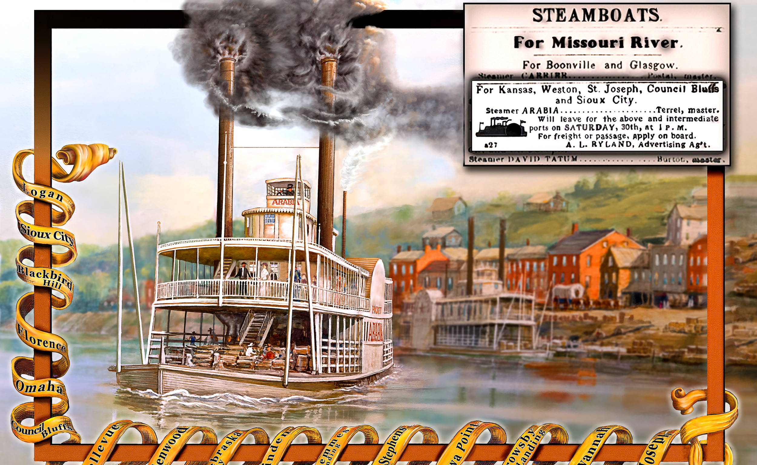 The Steamboat Arabia pushes upriver from Kansas City in 1856.  This would be her last journey west.