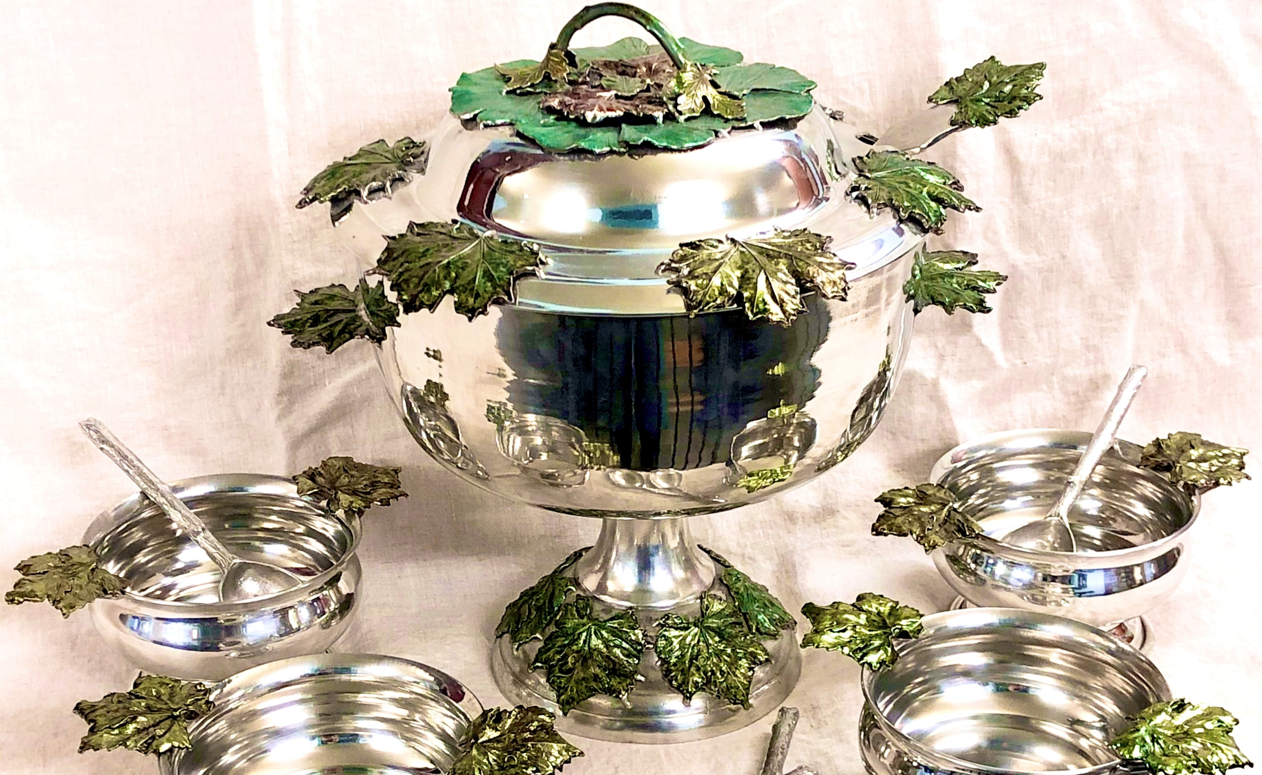 Leafe Soup Tureen and Bowls, Painted Pewter