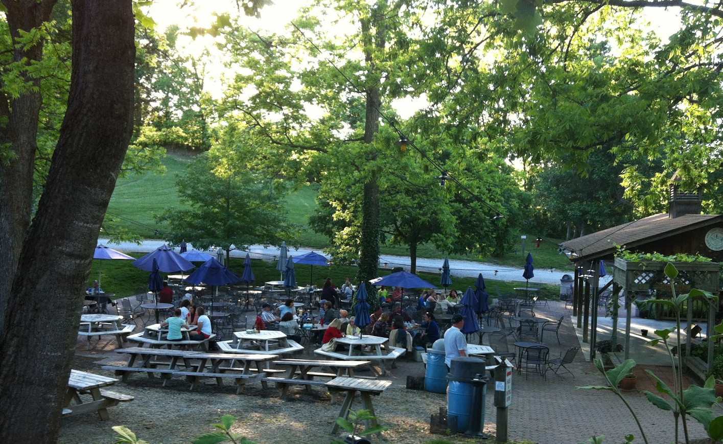 A spacious patio shaded by trees, perfect for sipping wine.