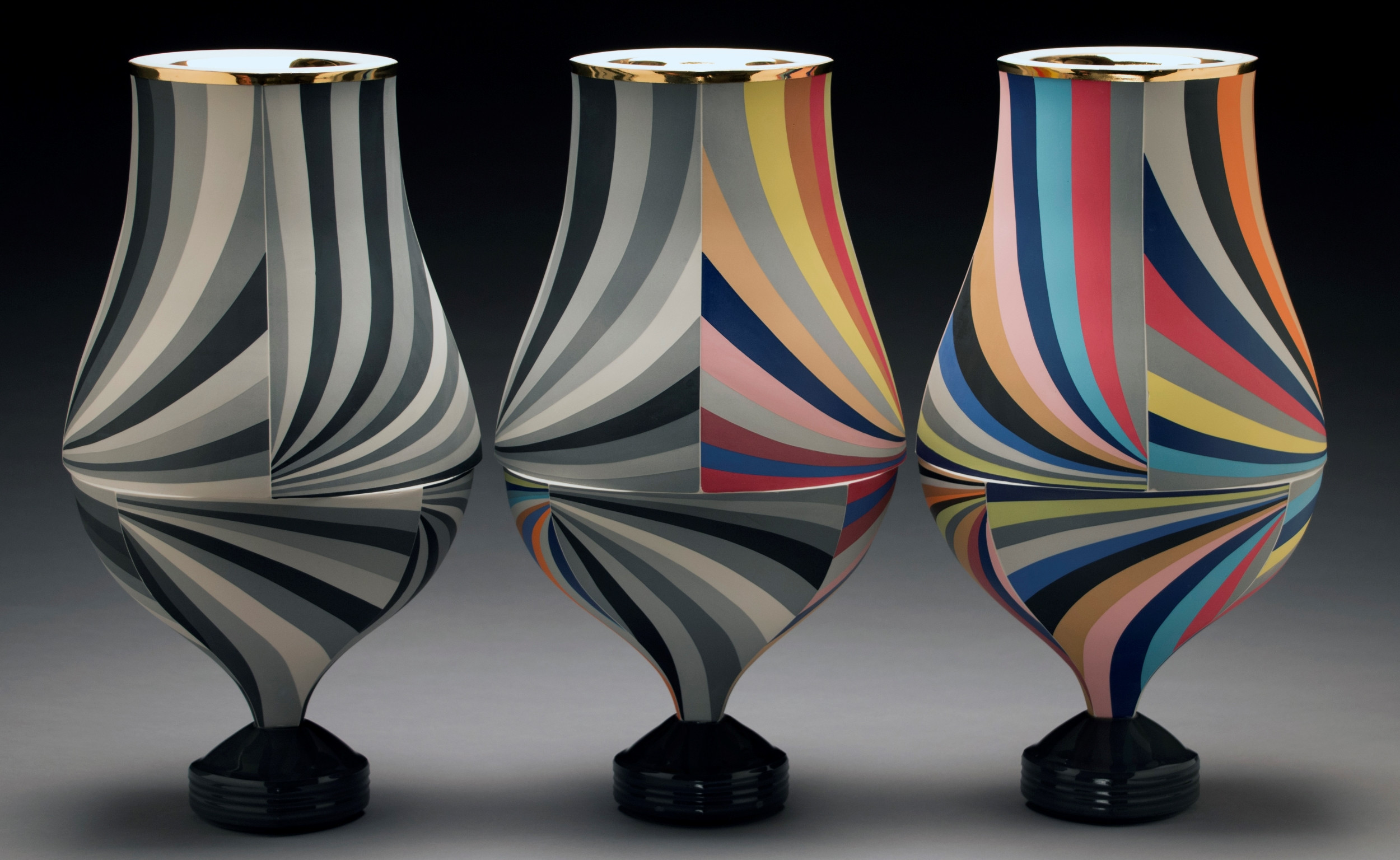 Peter Pincus, "Trio of Vessels IV," 2016; colored porcelain and gold luster. Collection Daum Museum of Contemporary Art.