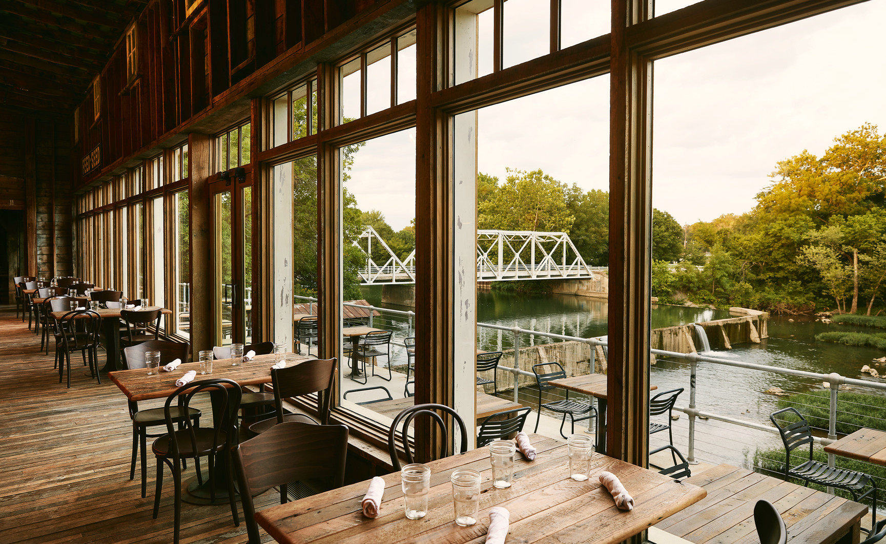 The Ozark Mill Restaurant offers farm-to-table dining with views of the Finley River