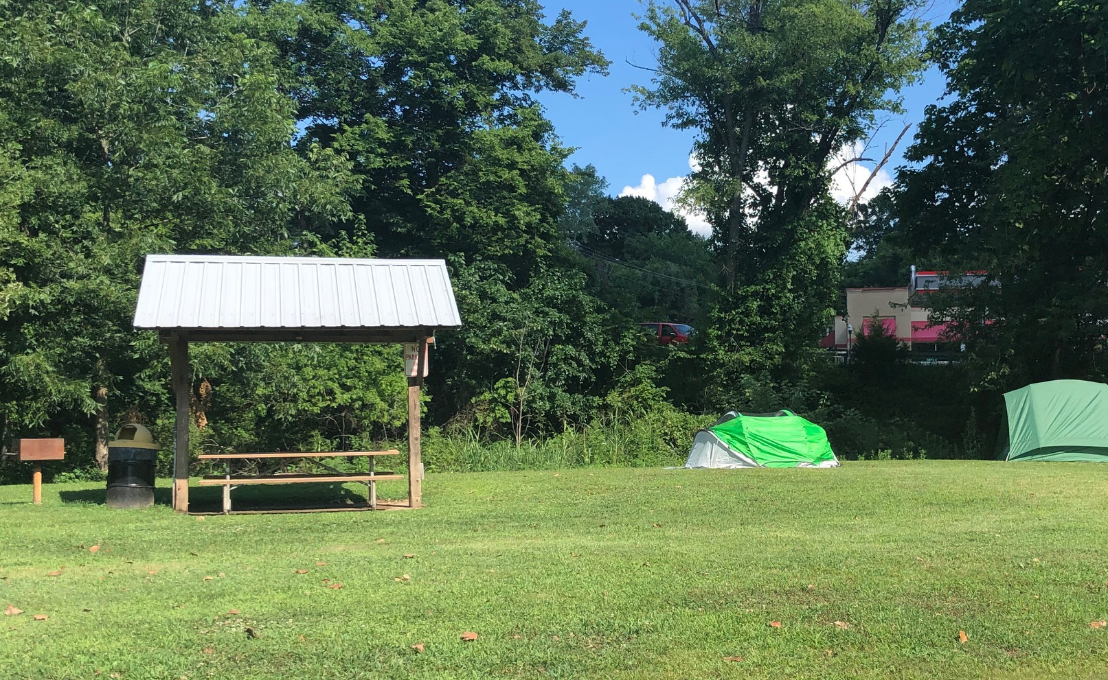 Tent camping with shelters, bbq grill
