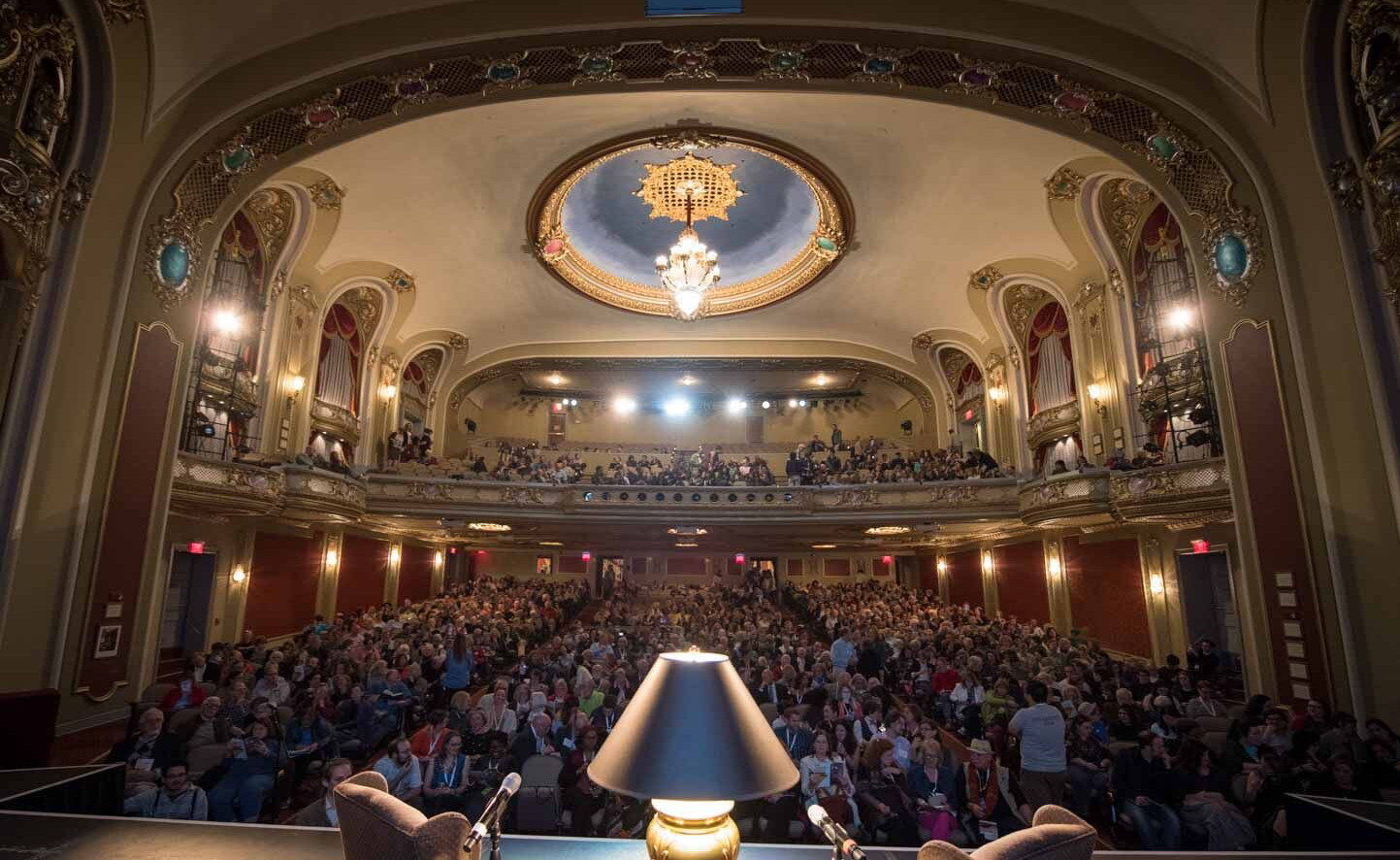 The Missouri Theater is packed in for the Unbound Book Festival. The Theatre is a historic venue that also hosts many concerts, theatre performances, shows, and other festivals and speaking events.