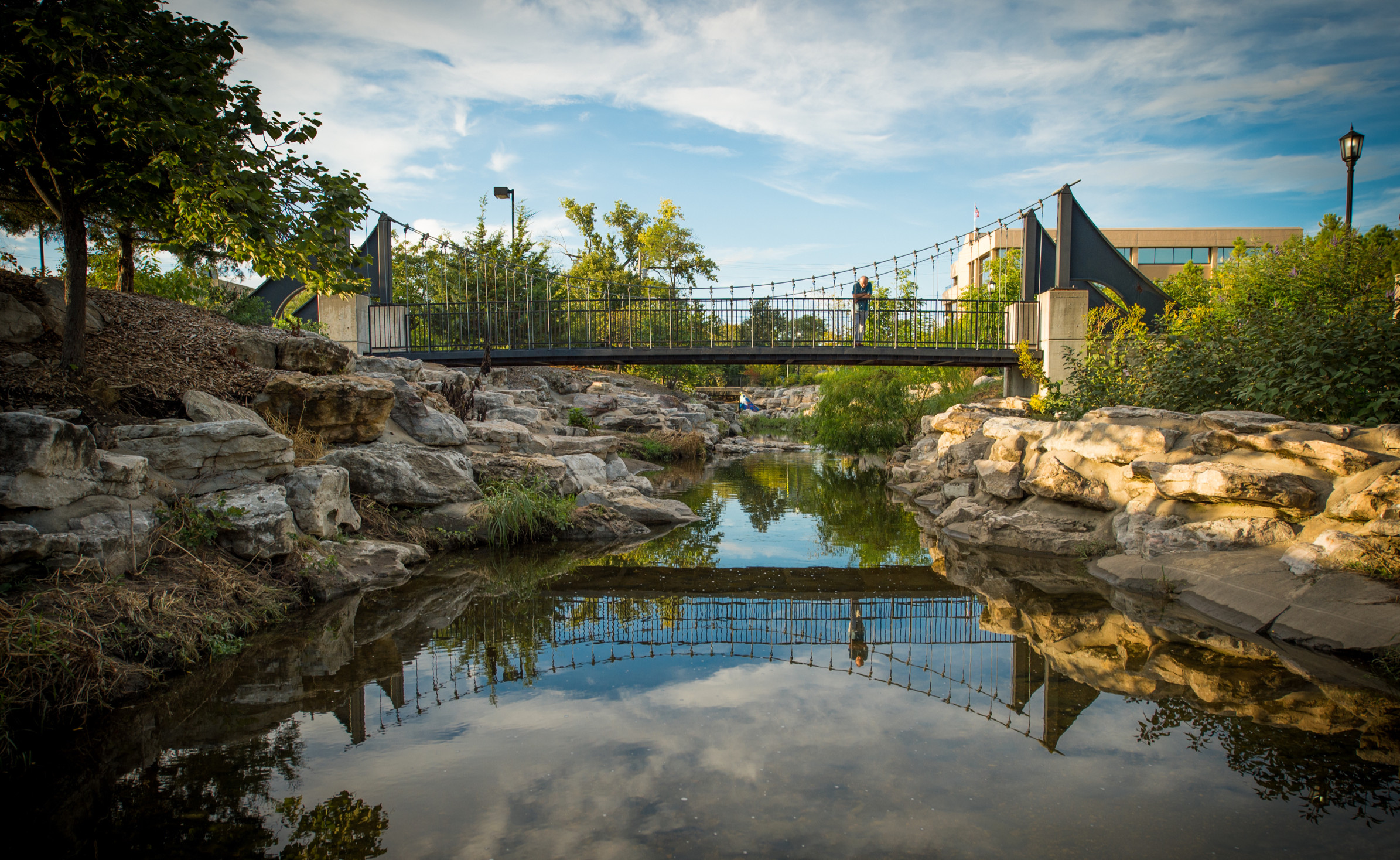 Beautiful suspension bridge in Flat Branch Park. The park marks the start to the MKT trial which runs almost 9 miles through Columbia and leads into the Katy Trail.
