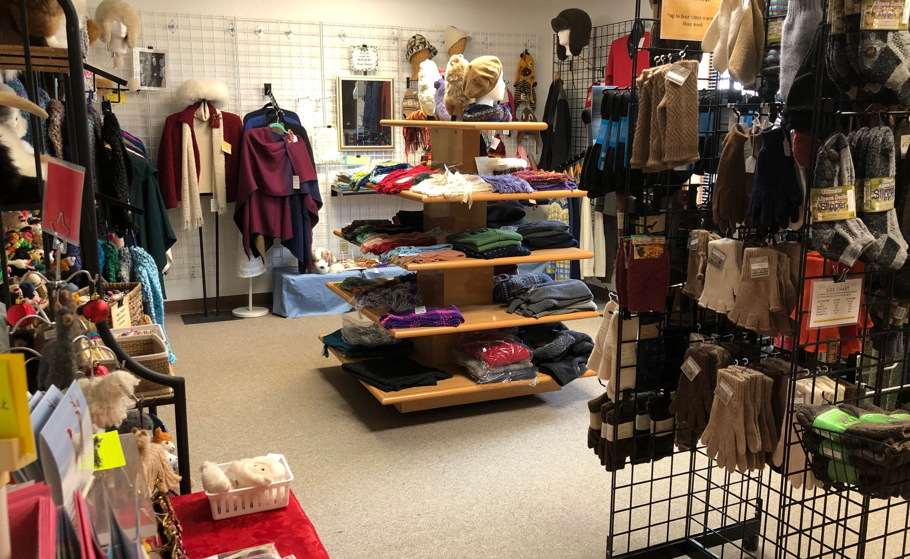 Alpaca socks, gloves, hats, sweaters and more.