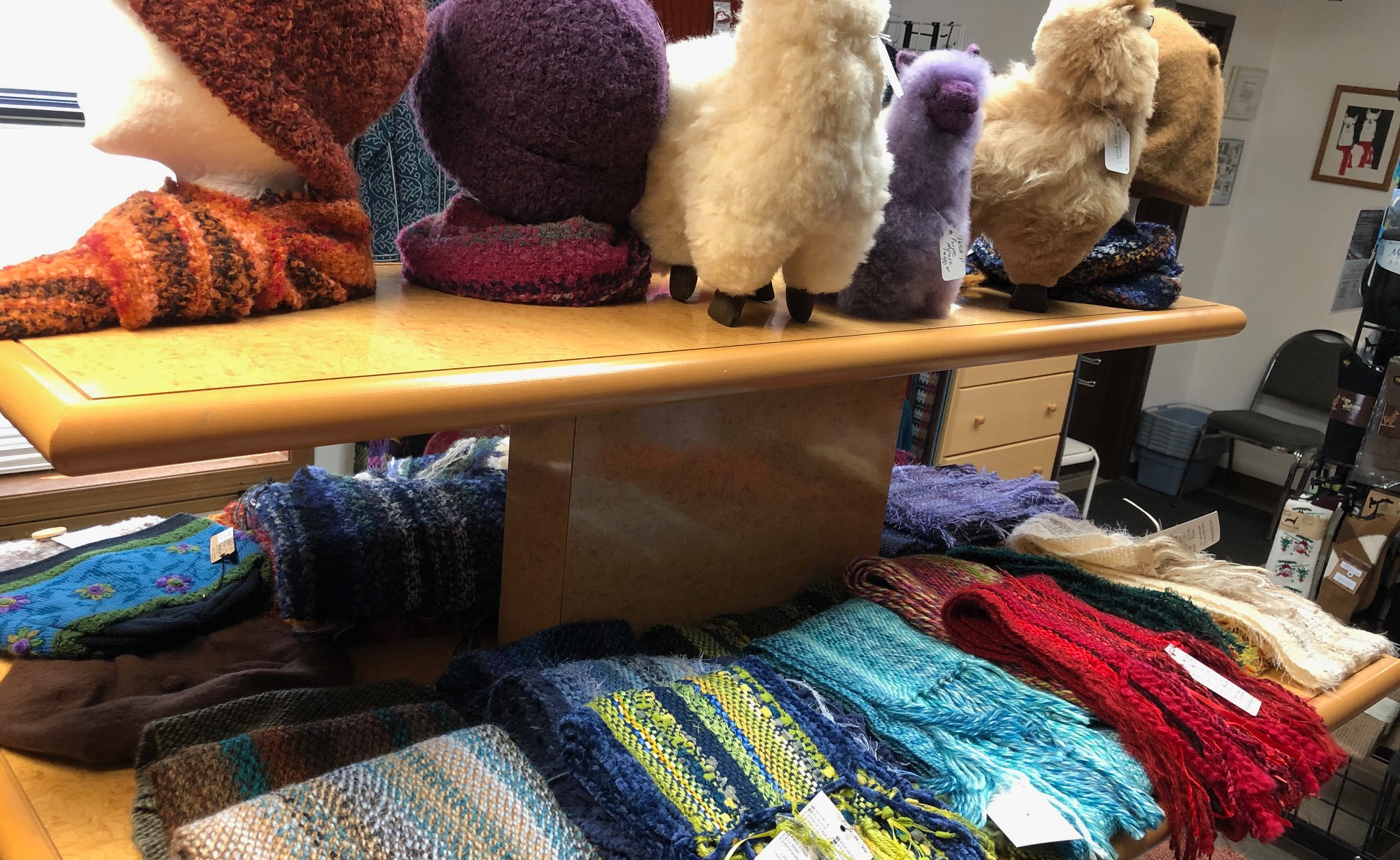 Handwoven scarves, alpaca hats and toys
