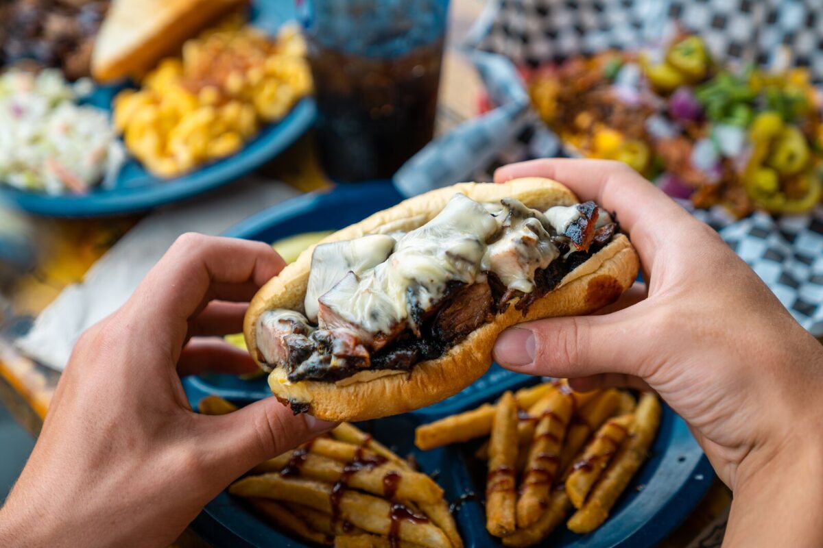 A close-up view of hands hold a pulled pork sandwich overflowing with melted cheese. Includes a side of golden fries drizzled in barbecue sauce.