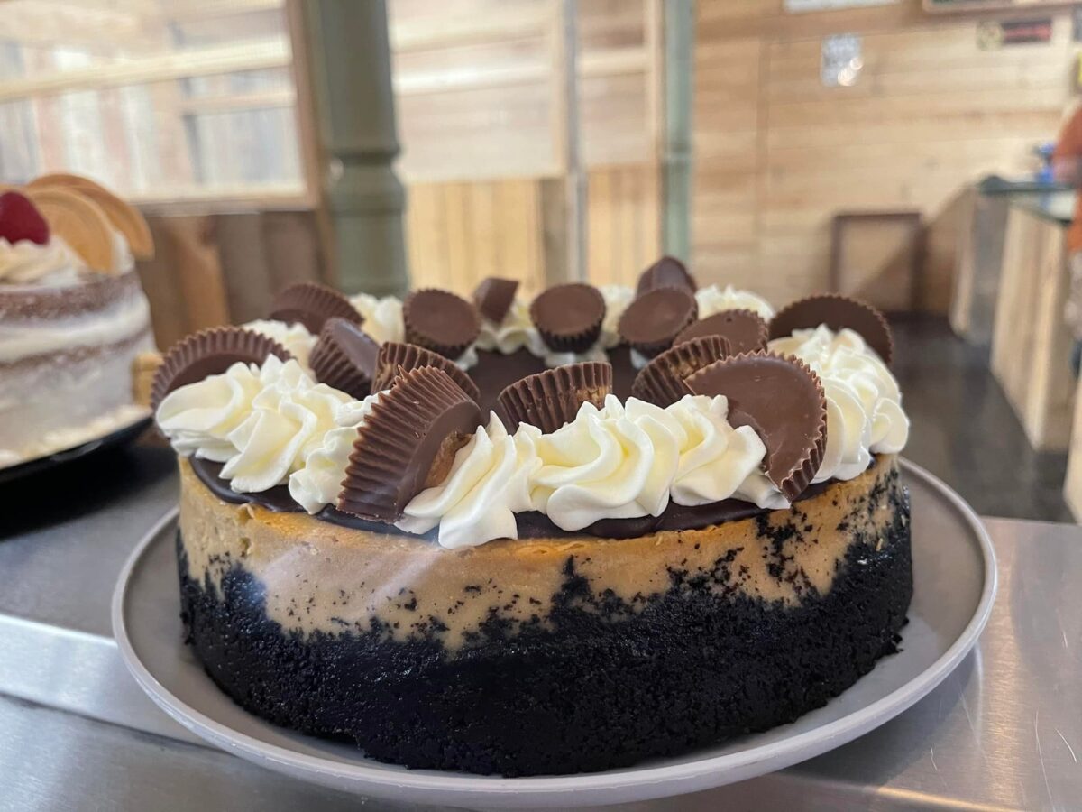 A chocolate and peanut butter cake.