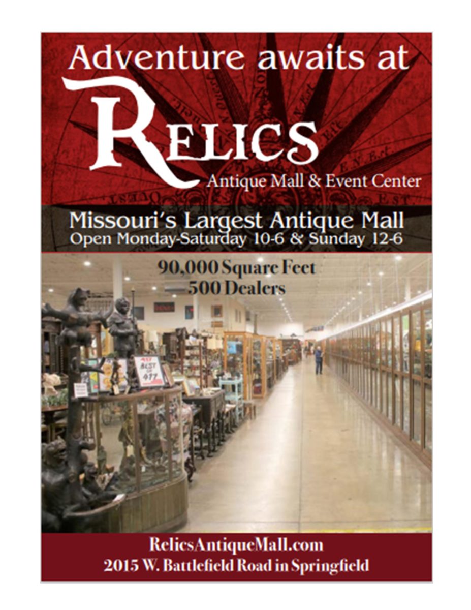 A flyer advertising an antique mall event center, featuring red and black graphics and a photo of the long walk through the center.