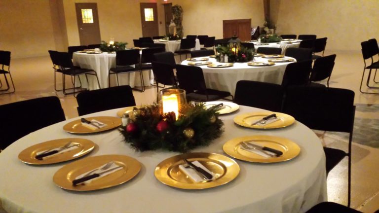 Elegant plating and seating at a reception dinner.