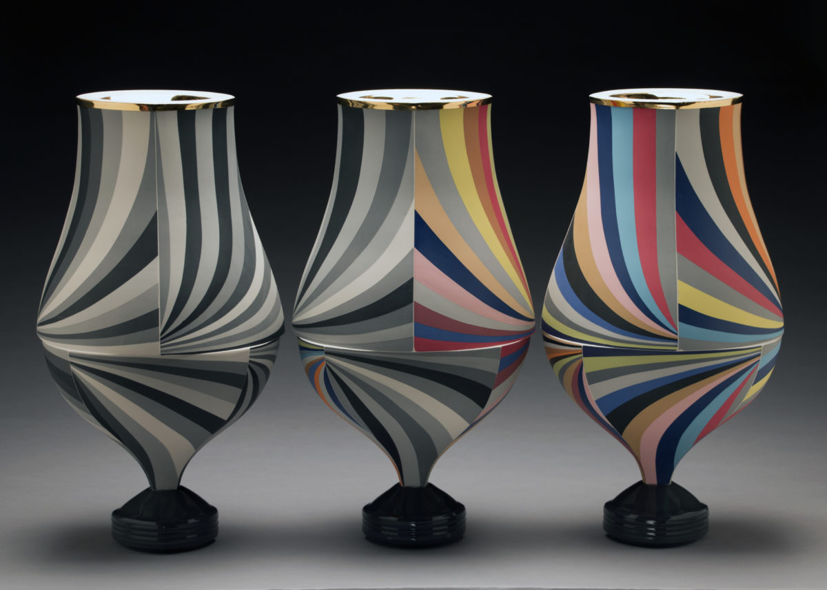Peter Pincus, "Trio of Vessels IV," 2016; colored porcelain and gold luster; 18 x 30 x 10 in. Collection Daum Museum of Contemporary Art.