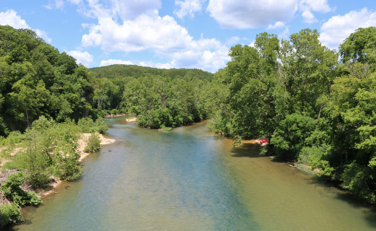 People canoeing along a river.