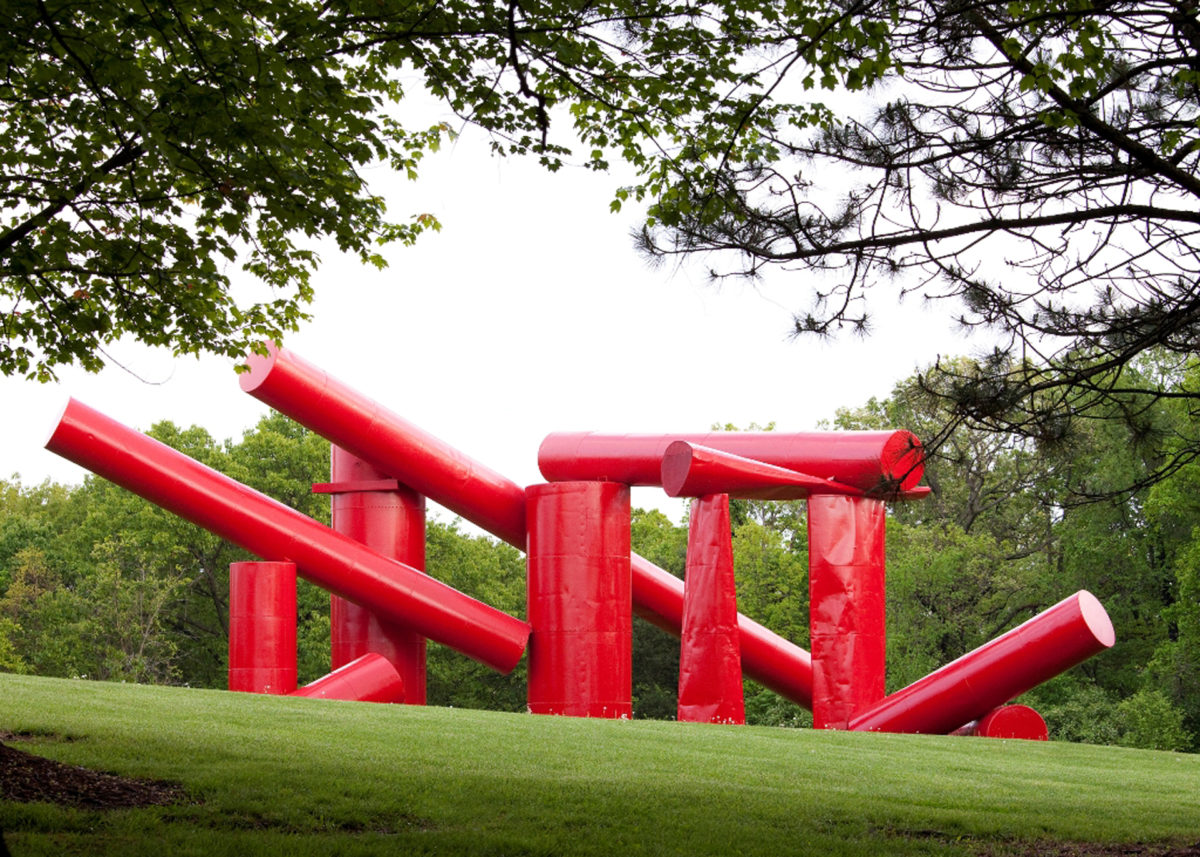 Alexander Liberman's The Way, 1972–80. Made of eighteen salvaged steel oil tanks, painted red. 780 x 1224 x 1200 inches.