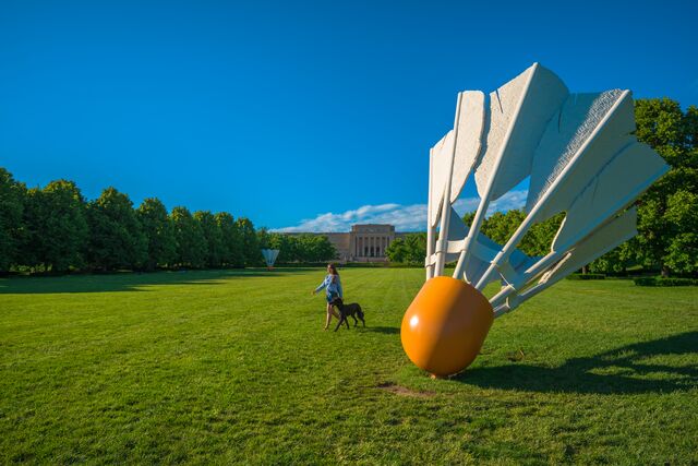 A woman walks her dog past a giant shuttlecock sculpture on the lawn of The Nelson-Atkins Museum of Art.