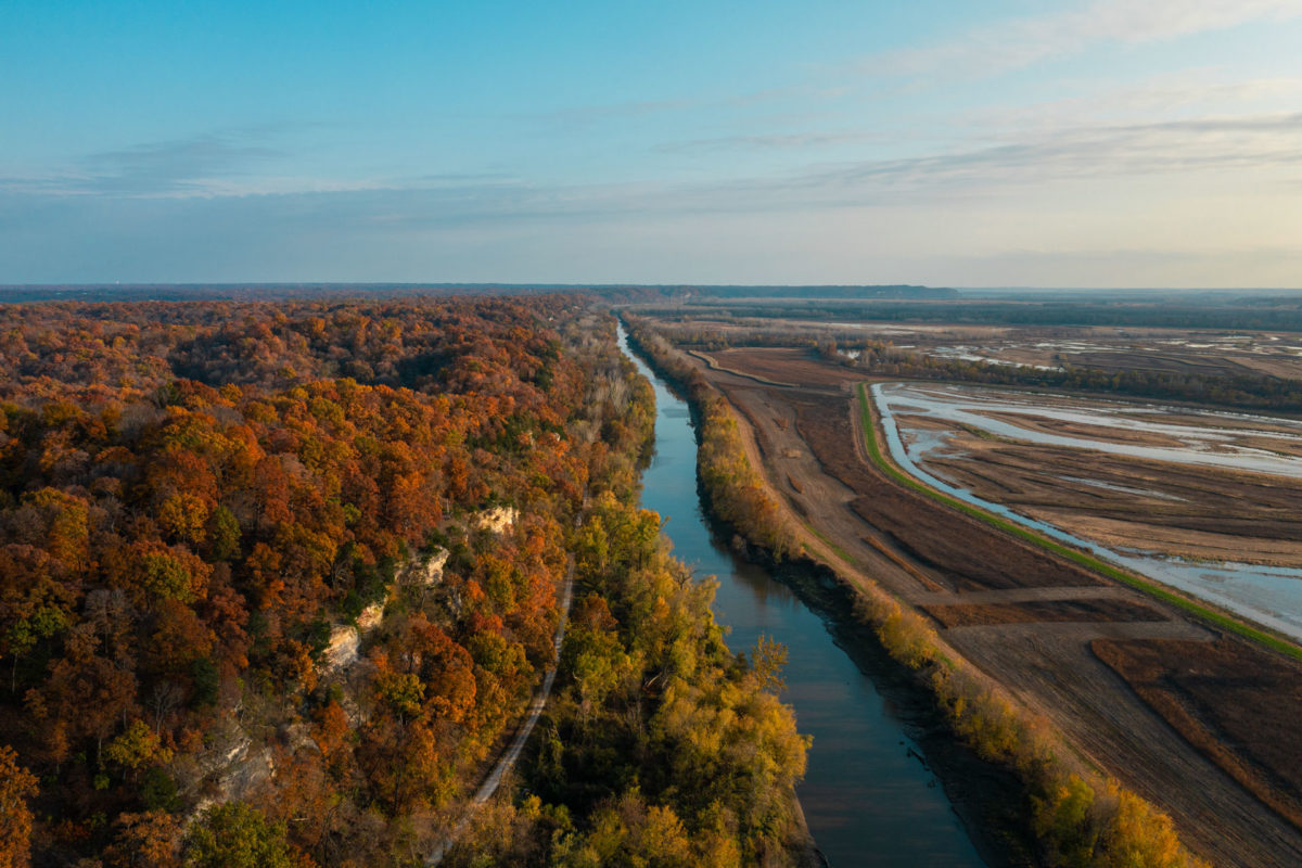 A birds' eye view of Eagle Bluffs Conservation Area in Missouri.