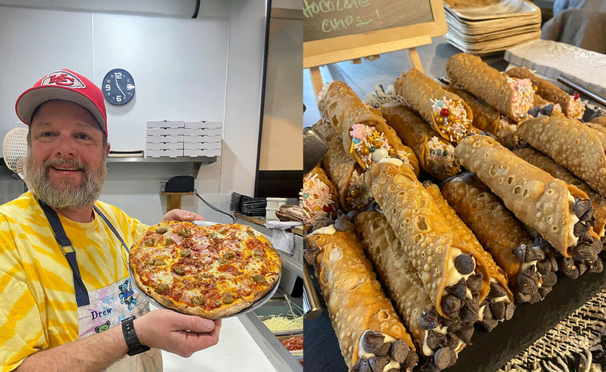 A man holds up a fresh pizza next to an image of a rolled Italian food.