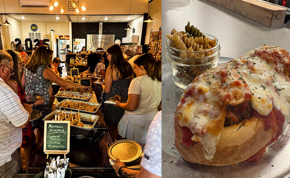 People in a restaurant next to an image of a savory baked item.