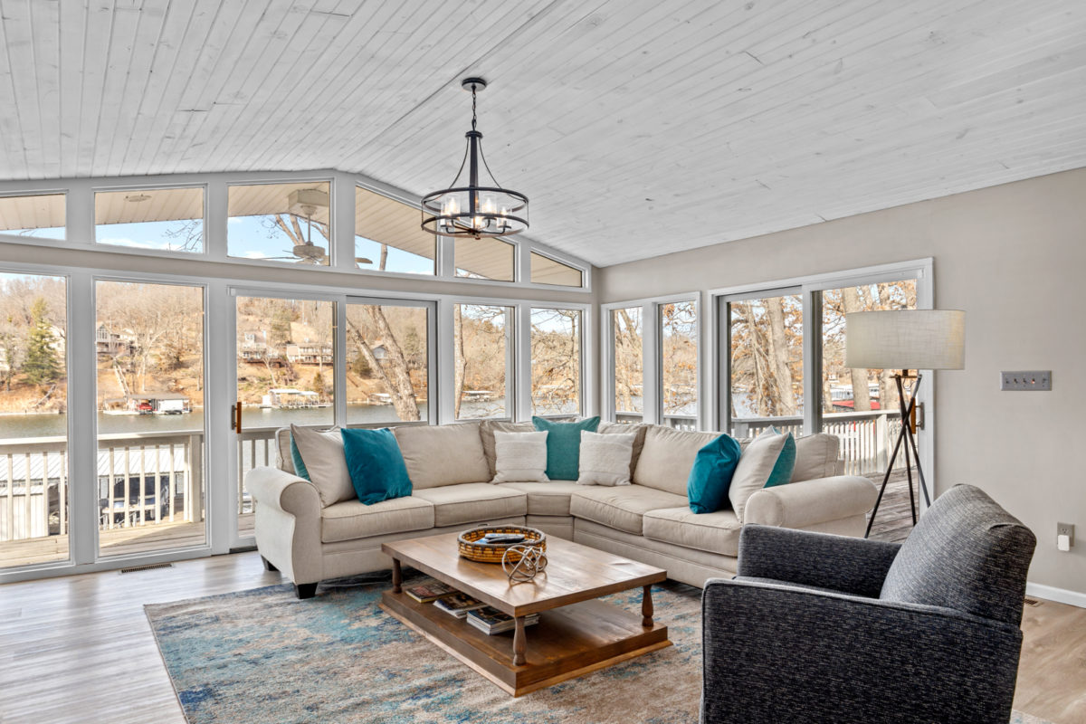 A living room with wood and blue accents.