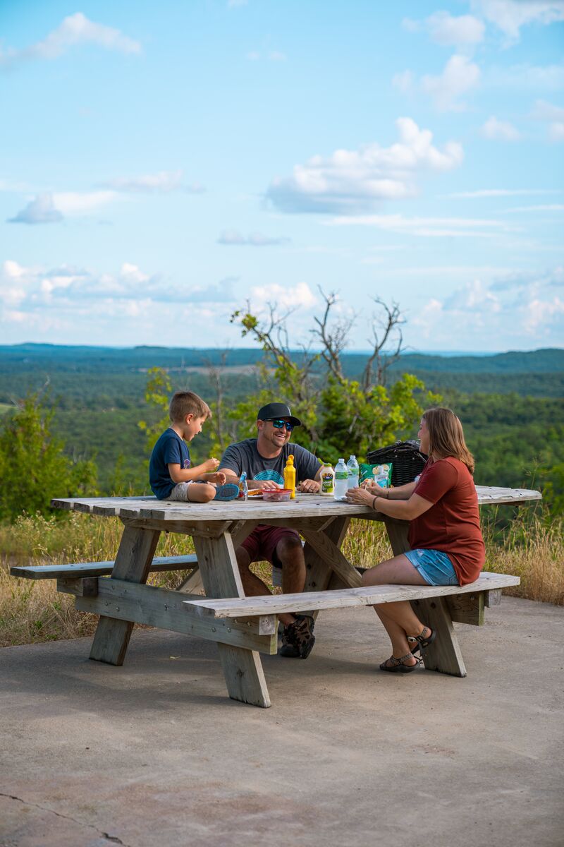Family sits at a road-side picnic table and enjoys food.