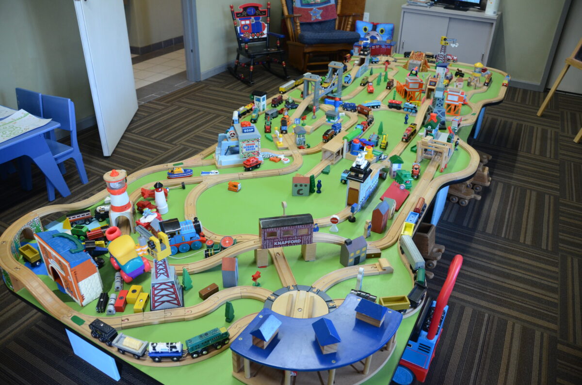 A colorful model train set.