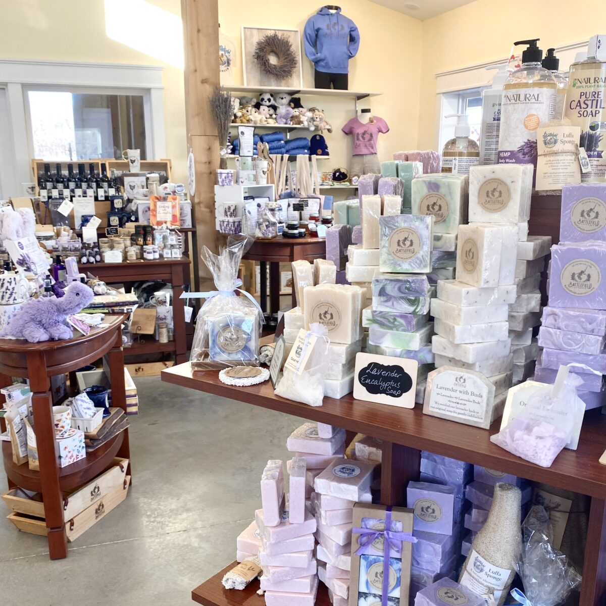 A peek inside the gift shop at Battlefield Lavender, featuring bath and body items, culinary items, aromatherapy, books, décor and much more.