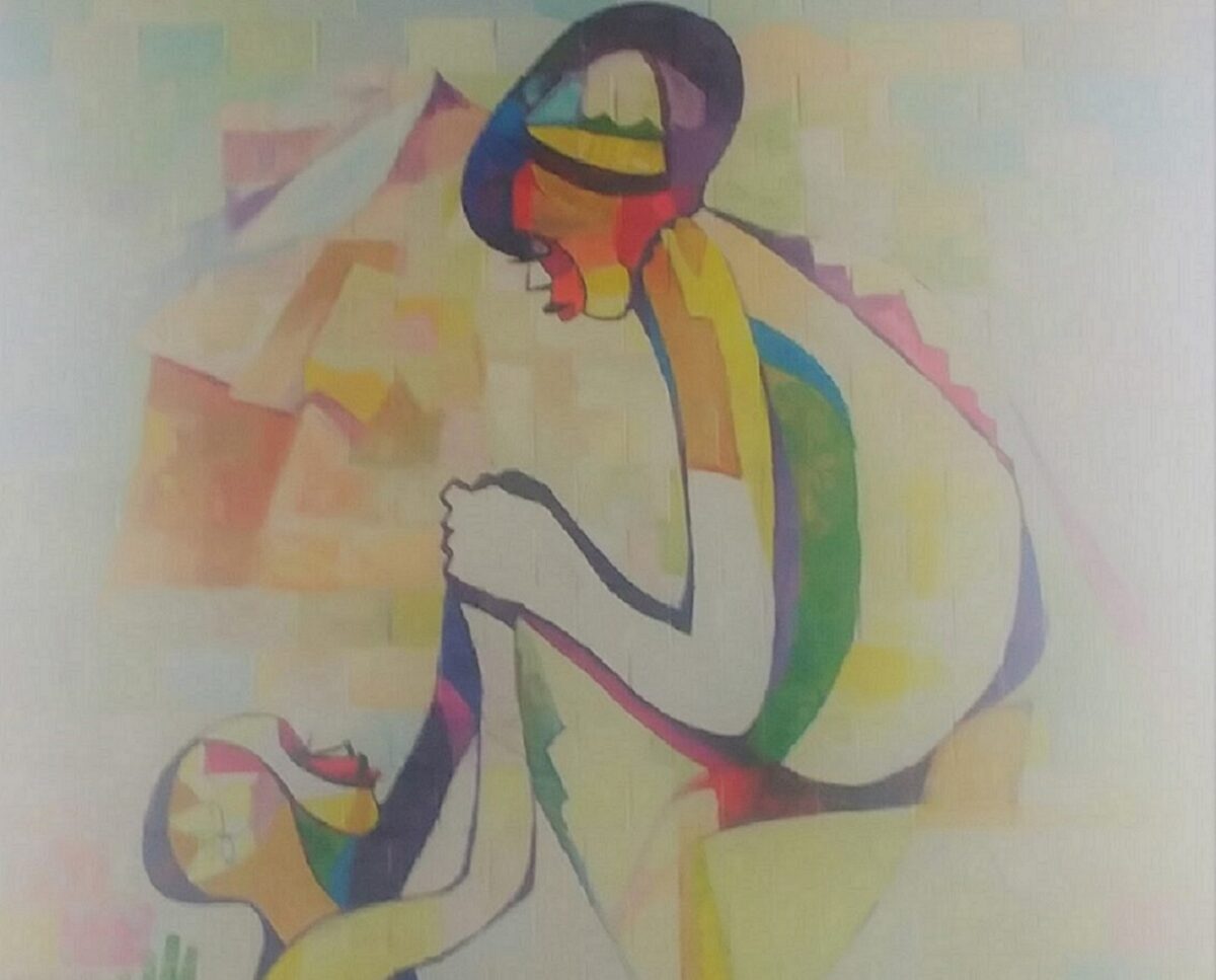 An abstract mural showing a person holding another's hands.