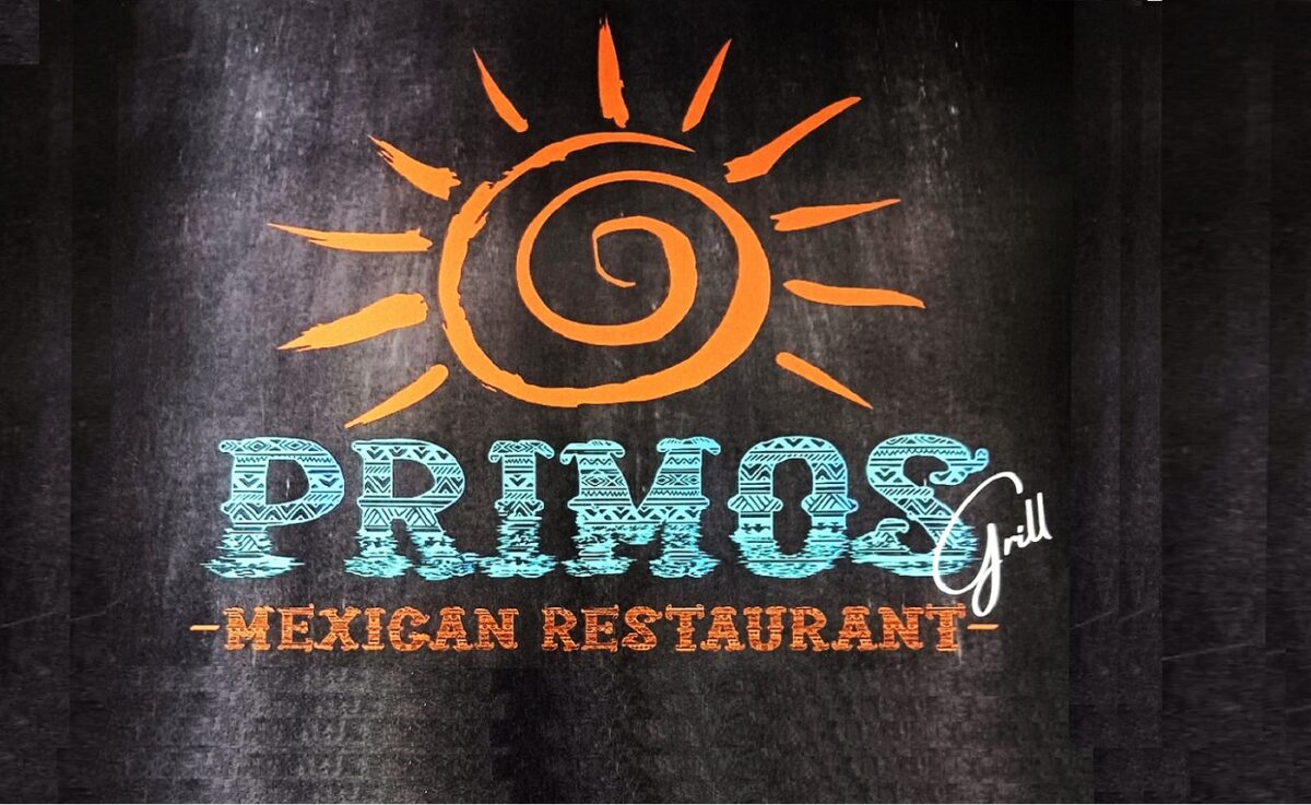 A logo with multi-colored text and a drawing of the sun promoting Primos Mexican Restaurant.
