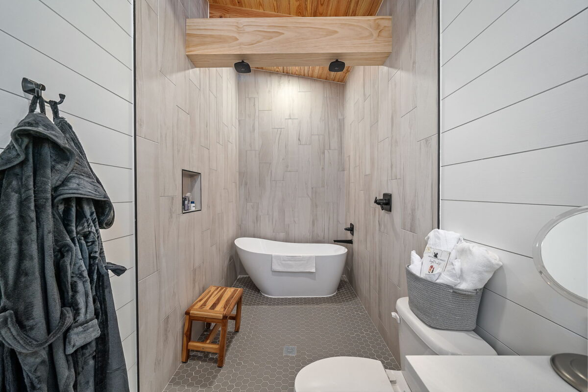 A grey and tan-tone bathroom.
