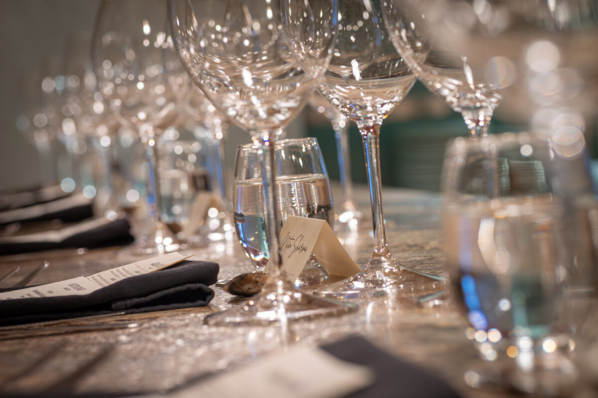 Glasses on a table.
