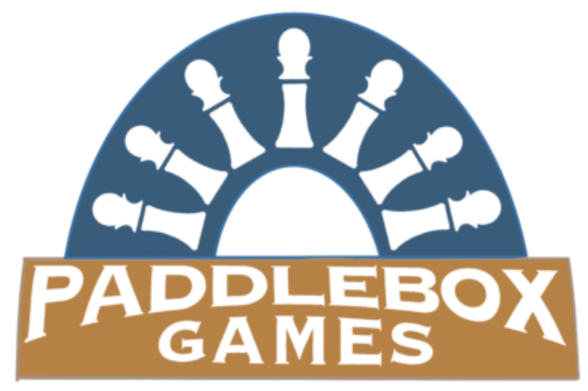 The logo for Paddlebox Games, featuring a white boat steering wheel against a blue background and white text against brownish-orange.