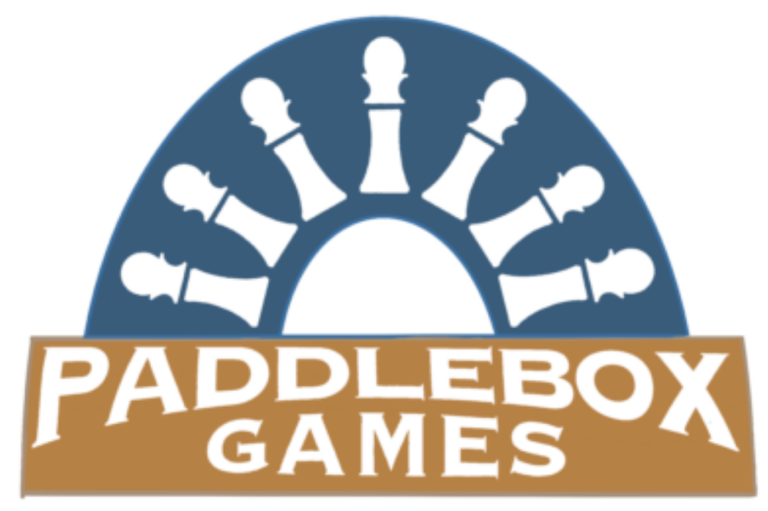 The logo for Paddlebox Games, featuring a white boat steering wheel against a blue background and white text against brownish-orange.