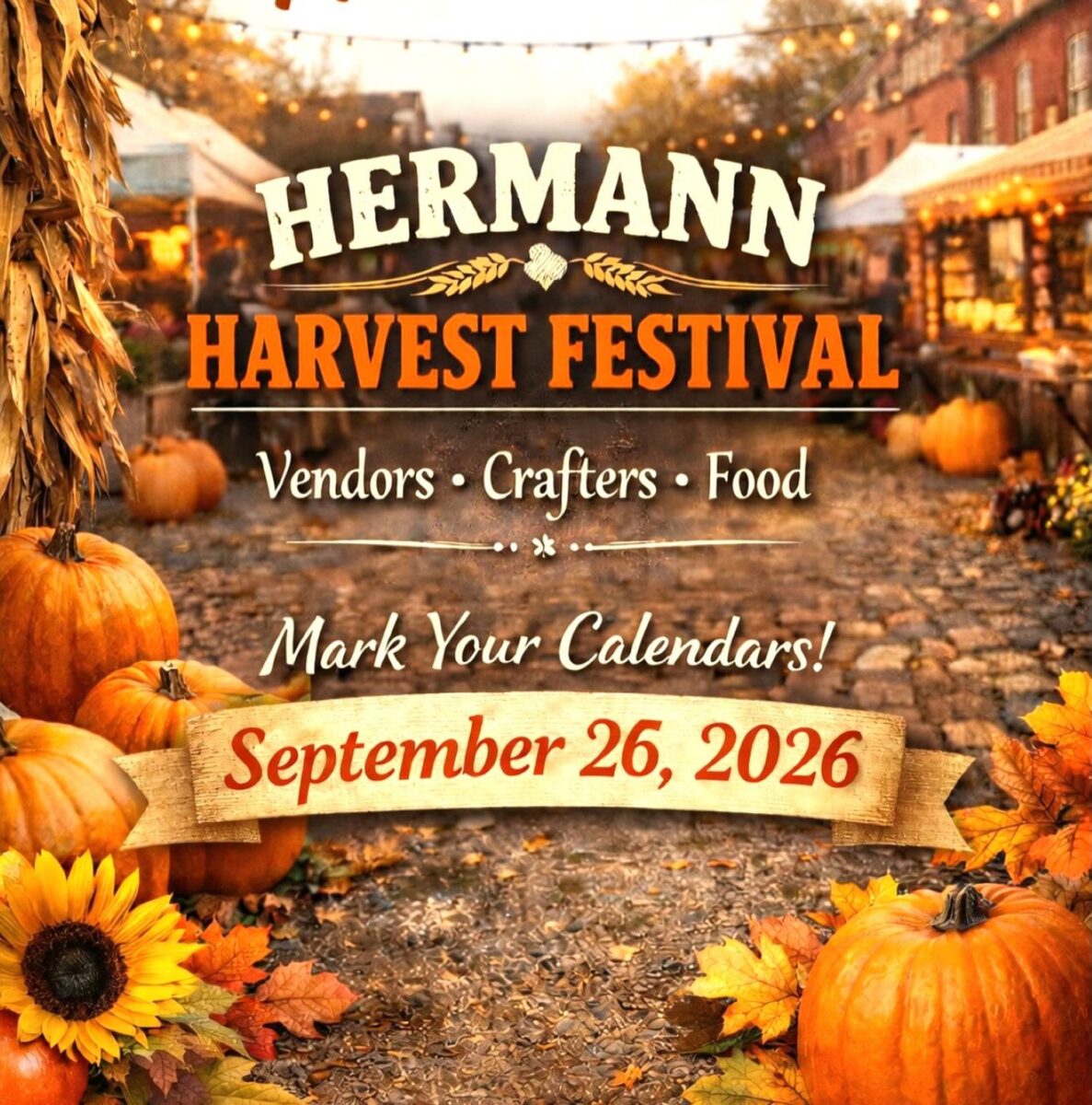 A graphic showing pumpkins and sunflowers advertising the Hermann Harvest Festival.