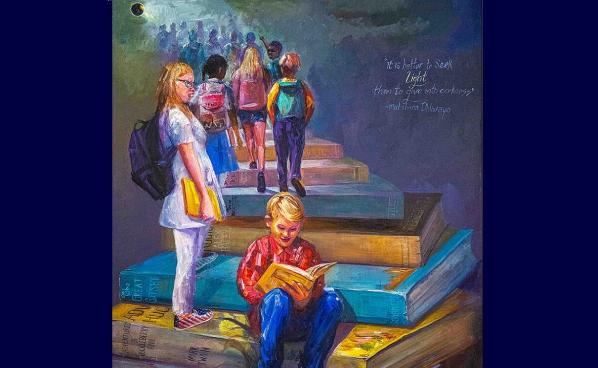 A colorful mural depicting children walking along a path made of books.