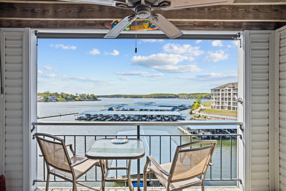 A lakeside view from inside a condo.