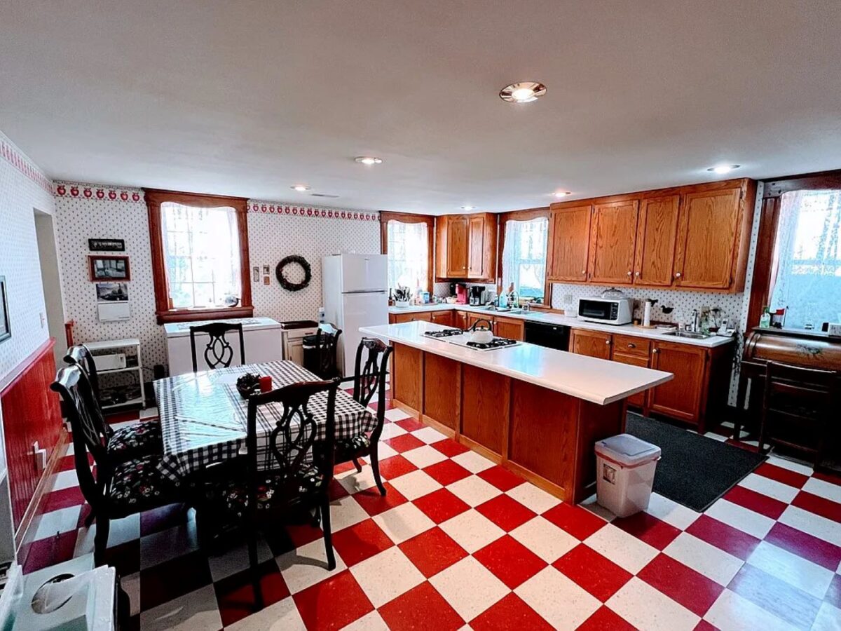 Classic kitchen with red and white checked floor