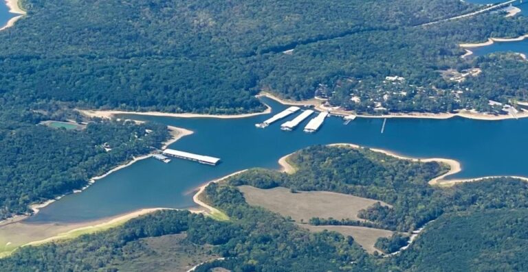 An aerial view of a marina on a lake.