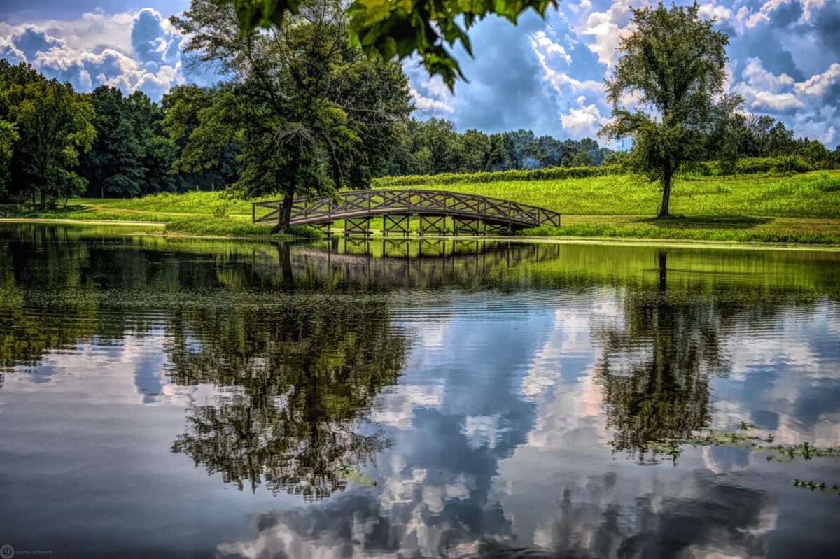 A pond and bridge leading to a grassy area with trees.