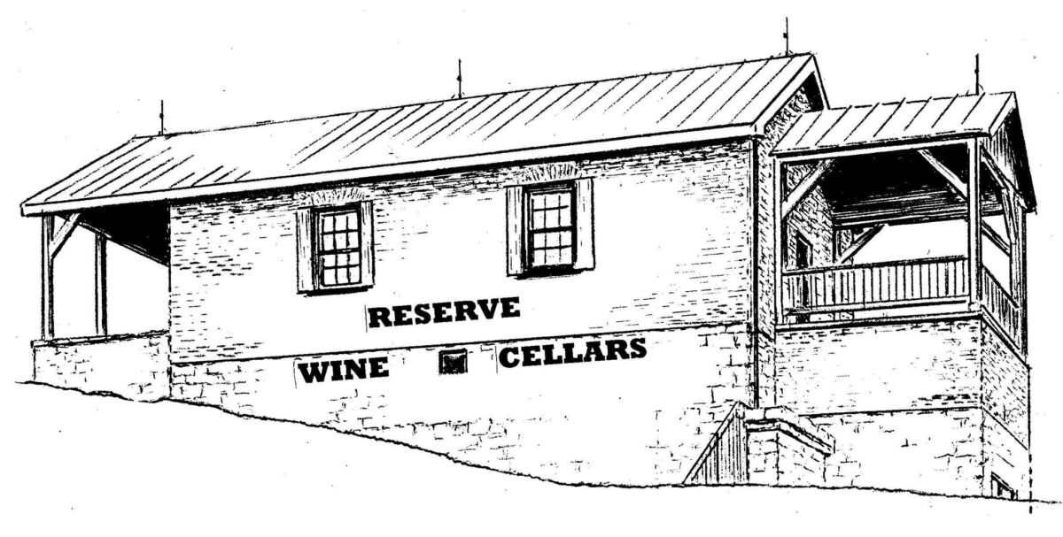 A black and white drawing of a wine cellar.