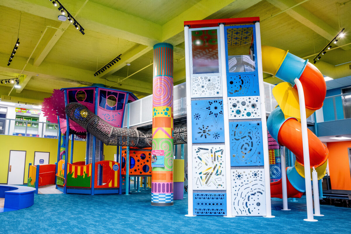 The interior of a brightly-colored whimsical building.