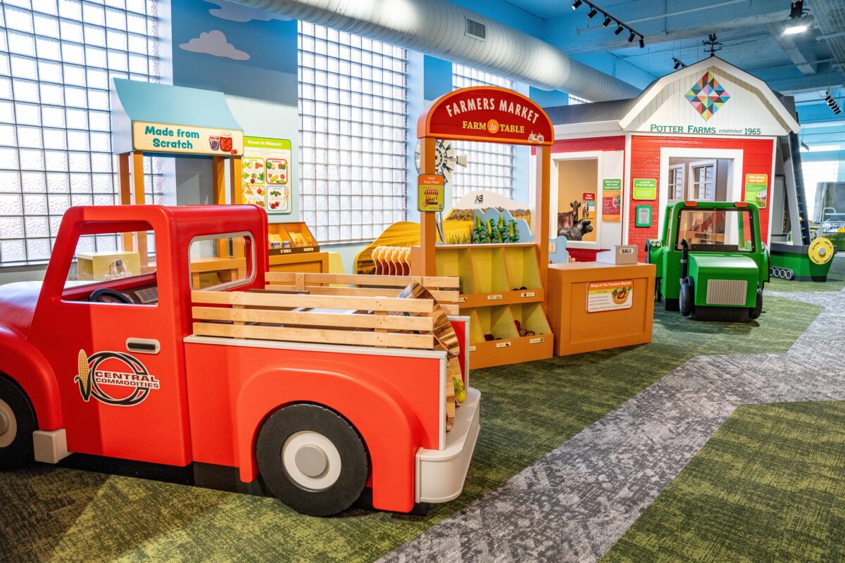 The interior of a brightly-colored whimsical building.