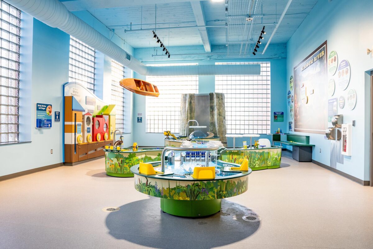The interior of a brightly-colored whimsical building.