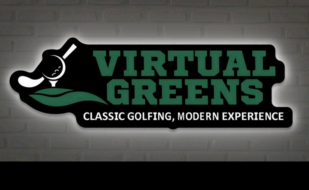 A logo for Virtual Greens, with green text and a graphic of a golf ball on a tee and a club.
