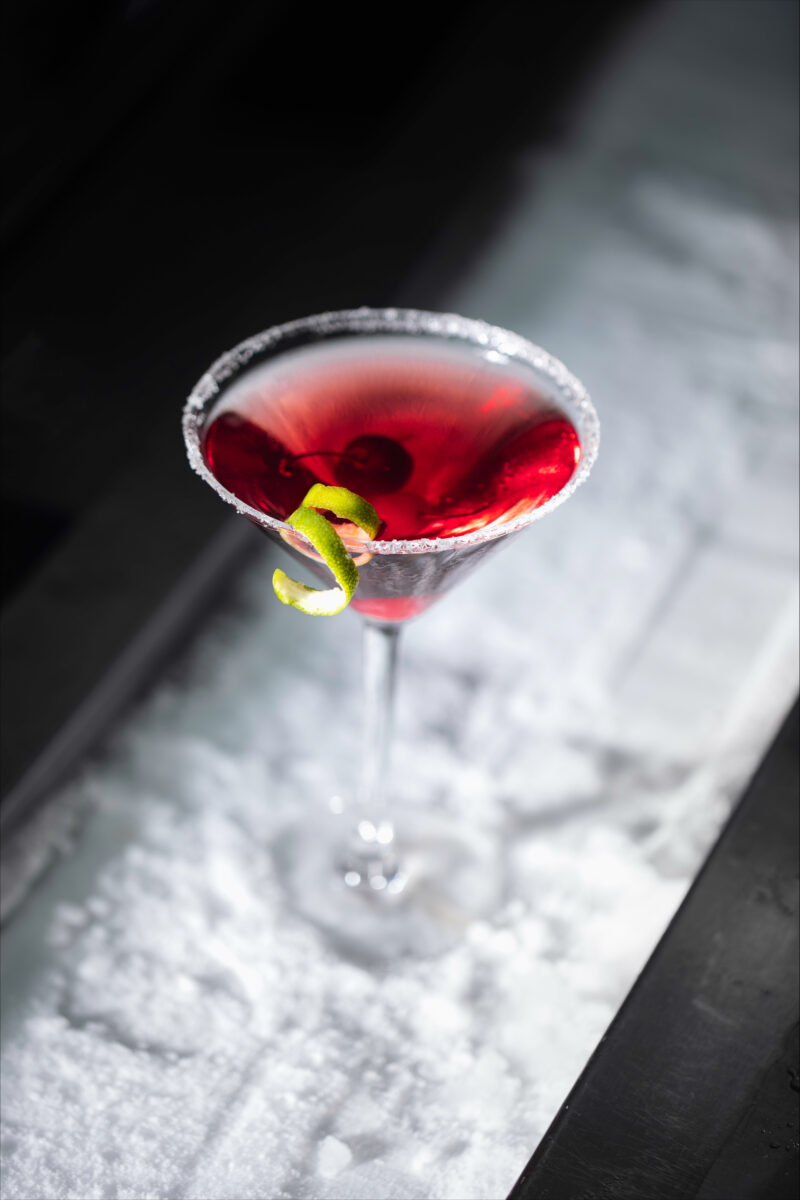 A drink in a glass.