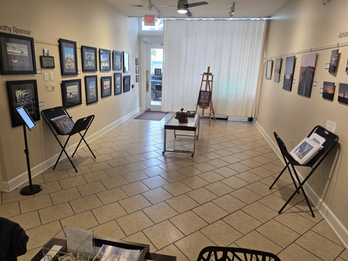Seating and displays in an art gallery.