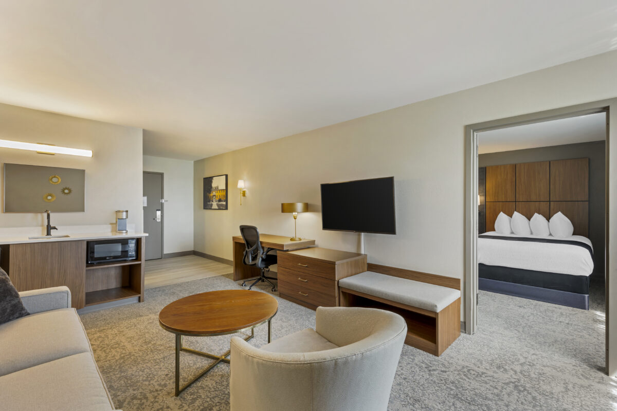 Two room Suite living area with wet bar, refrigerator and keurig