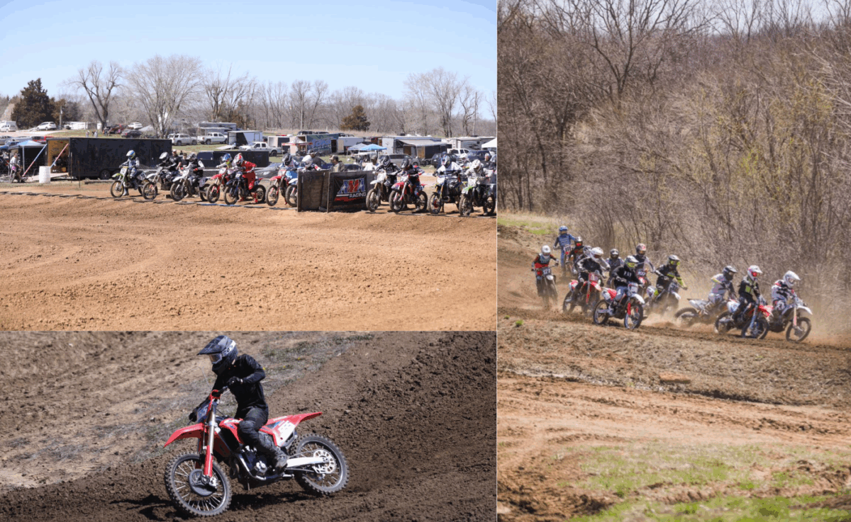 Several riders on colorful motorcross bikes ride over the dirt.