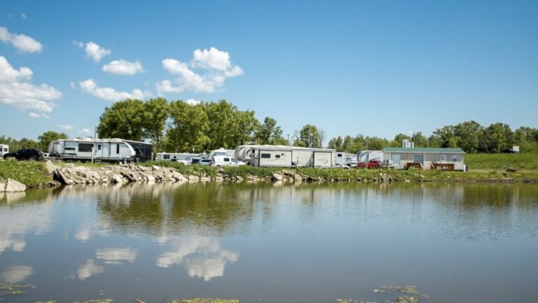 RVs along a body of water.