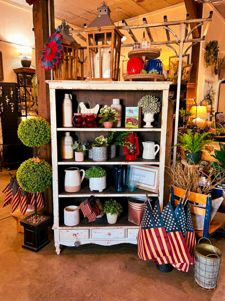 A display of items in a rustic mercantile store.