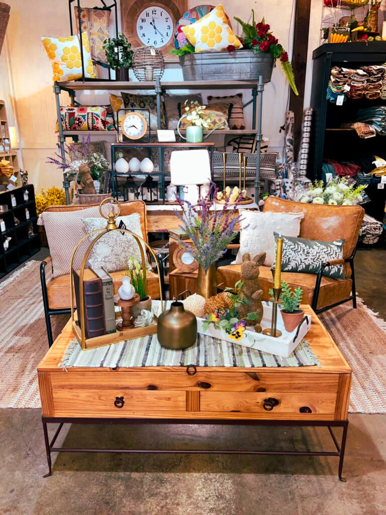 A display of items in a rustic mercantile store.
